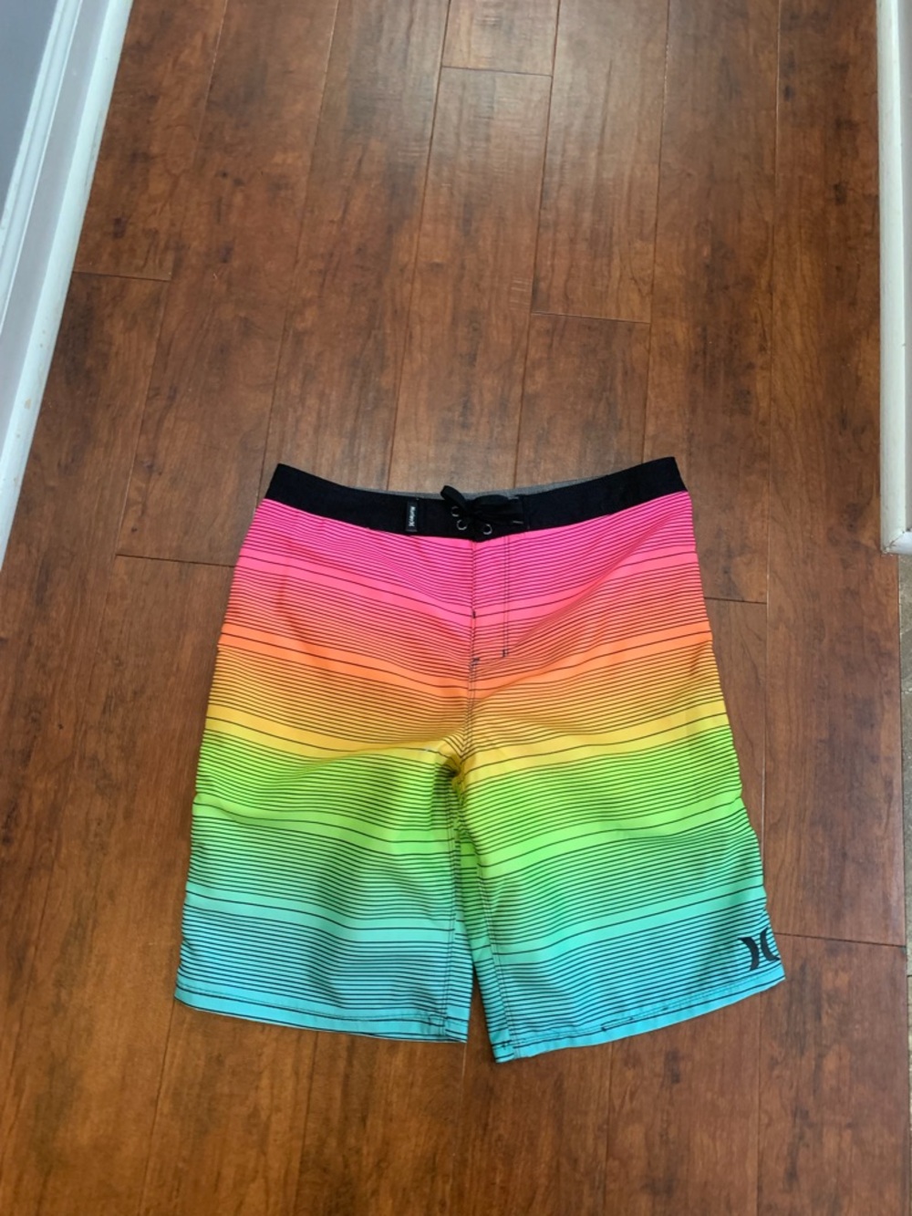 Hurley Youth XL Kids Rainbow Stripe Swim Trunks with Black Waistband